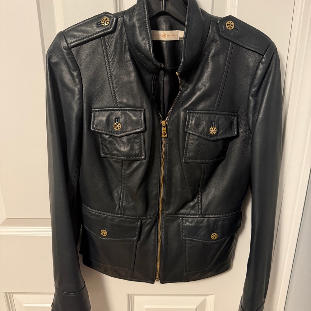 Tory Burch Black Leather Military Jacket